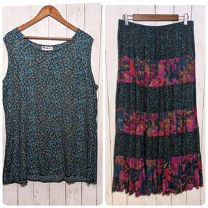 Vintage Floral Top Skirt Set 1X 90s Cottagecore Boho Lagenlook Artsy Maximalist